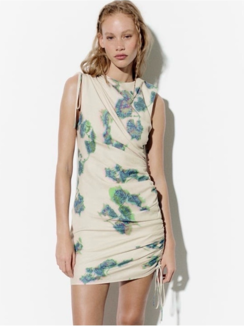 Zara Linen Blend Abstract Print Ruched Mini Dress S
